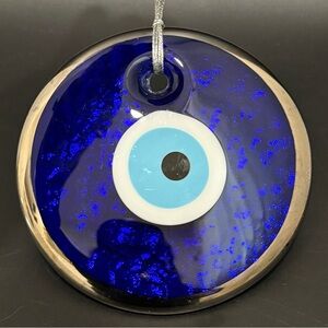 Large Blue Luminous Specks Glass Silver Rim 5.5” Diameter Evil Eye Ornament